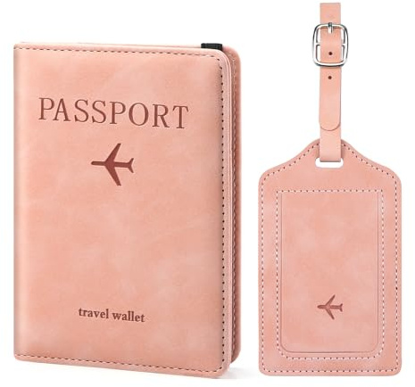 ILIYAH Reisepasshülle Gepäckanhänger-Set - Familien-Reisebrieftasche, RFID-Reisepasshülle aus Leder Deutsch, Gepäckanhänger für Koffer, Europa-Reiseanhänger (Rosa Kombination)