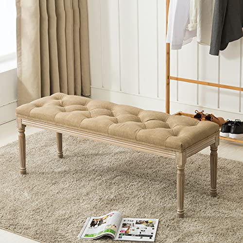 Französische Esszimmerbank im Vintage-Stil, mit Holzbeinen, gepolstert, für Schlafzimmer, Wohnzimmer, Eingangsbereich, Beige