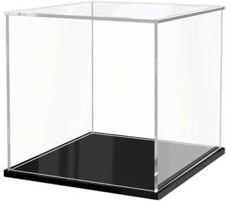 JUJOMAT Acryl Vitrine Schaukasten Transparente Staubdichte Box 17*17*17cm | Klare Display Box für Modelle Action-Figuren Spielzeug Sammlerstücke mit Schwarzer Basis; Handschuhe Putztuch