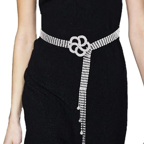 BSITSSS Cinturon Mujer de Cristal, Cinturón de Cadena de Cristal Brillante, Cinturón de Cadena de Plata, Cinturón de Vestir para Mujer, Moda Clásica Cinturón de Vestir para Vestidos de Jeans