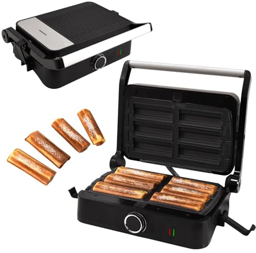 Syntrox Churros Kombigerät Multifunktionsmaker mit Wechselplatten, Kontaktgrill Edelstahl, Multifunktions Sandwichmaker, mit austauschbaren Platten, multifunktionales Küchengerät