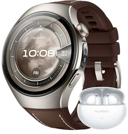HUAWEI WATCH 5, 46mm Smartwatches, +FreeBuds 6i Bianco, Tecnologia Multi-sensing X-TAP, SpO2 dal Polpastrello, Health Glance, eSIM, con App ECG, HRV, 30 mesi di Garanzia, Marrone