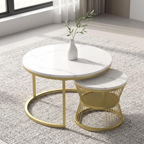 DAHUEN Couchtisch Rund 2er Set, Beistelltisch Set Sofatisch mit Gold Metallgestell und Weiß Marmor Tischplatte, für Wohnzimmer, Schlafzimmer, Büro, Balkon (Gold (b), 70×70×45.5cm)