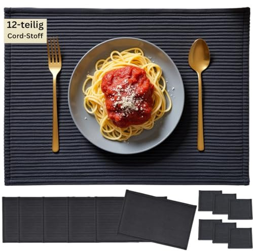 6er Tischset (12Teilig) aus Cord Grau – Platzset aus Stoff eckig – Tischset waschbar – Tischunterlage Esstisch – Waschbare Tischsets & Platzsets Outdoor – Abwaschbare Platzdeckchen & Tischsets Stoff