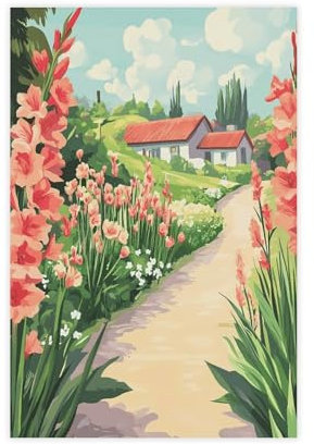UTGN Leinwand-Poster, Motiv: Gladiolen, Blumen, Dorfstraße, Sommerhaus, Cottagecore, Natur, Wandkunstdruck, Bild, Gemälde, 40 x 60 cm