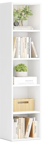 Nordivale Bücherregal Schmal, Bücherregal Weiß, Standregal, Modernes offenes Regal aus Holz, für Wohnzimmer, Schlafzimmer, Büro, Arbeitszimmer, 5 Ebenen