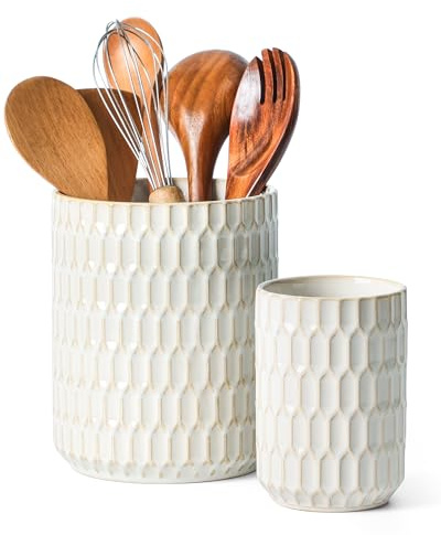 ArteBake Utensil Holder, 7.5+5.3 Ceramic Kitchen Utensil Holder for Countertop, Large Cooking Utensil Crock for Kitchen Counter, Set of 2, Beige
