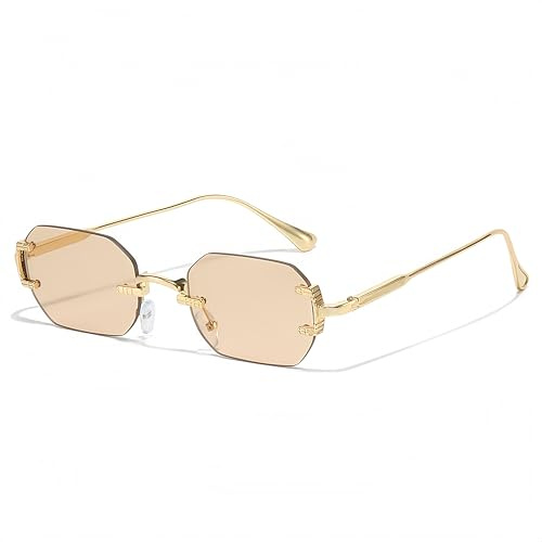 QVKUUT Achteckige Randlose Sonnenbrille für Damen Herren,UV400 Schutz,Gold Metallrahmen Brille