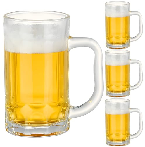 Juego de 4 vasos de cerveza aptos para congelador, 400 ml, mango clásico, para bebidas frías y calientes, vidrio transparente, perfecto para fiestas
