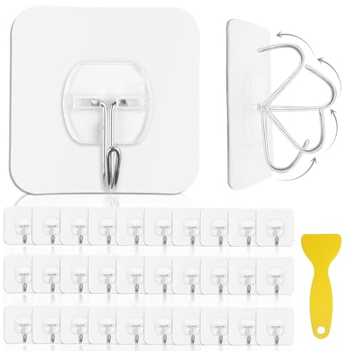 30 Stück Klebehaken Extra Stark,Haken Selbstklebend,Wandhaken Selbstklebend,Haken Ohne Bohren,Klebehaken Transparent,Wasserdicht Selbstklebende Haken mit Schaber für Küche,Bad,Büro,Decke,Wand (20kg)