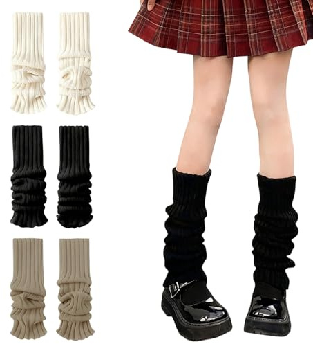 Wnzdp 3 Pairs Soft and Warm Knit Leg Warmers for Women, Fashion Accessories Leg Warmers for Winter Home and Outdoor Activities Ballet Yoga Dance Ice Skating(Black, White, khaki)