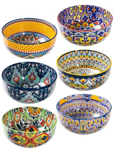 HENXFEN LEAD Boho Cereal Bowls Set of 6, 28 oz Ceramic Soup Bowls – Colorful Bowls for Salad, Oatmeal, Ramen, Rice and Pasta, Microwave & Dishwasher Safe