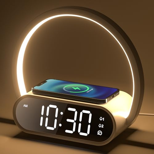 VOSFEEL Comodino Lampada con Ricarica Wireless 15W, Sveglia Digitale Doppia Alarme, 3 Regolazioni Luminosità Touch Control, Luce LED per Camera da Letto, Ufficio