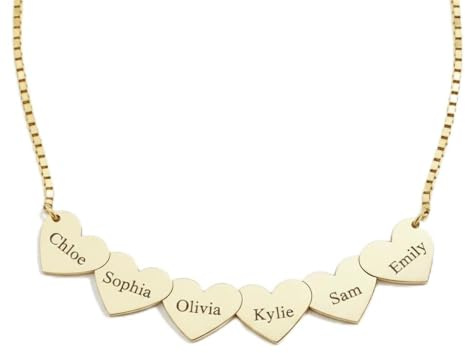 AUROGLOW Personalisierte Herz-Halskette mit Namen – 18K vergoldete Edelstahl Familienkette mit bis zu 7 Gravuren, Geschenk für Mama, Oma oder Freundin