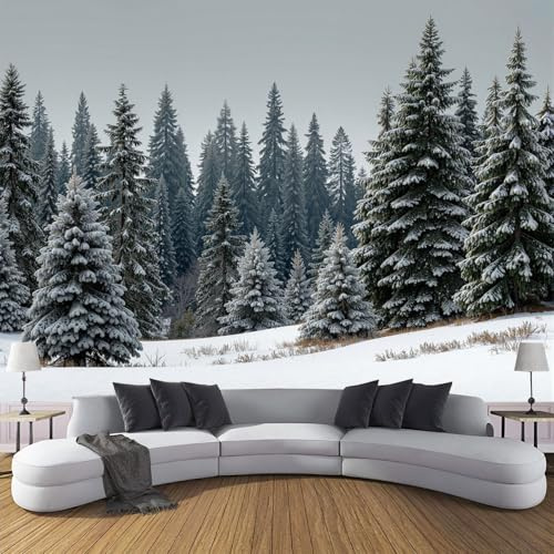 DLERFLOVR Papel Pintado Panorámico Bosque De Pinos Nevado 400x280cm Fotomurales Bosque De Invierno XXL Papel Tapiz Seda Decoración De Pared para Comedores, Salones, Habitaciones, Verde