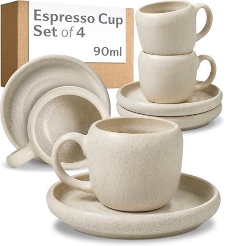 Cosumy Tasse a Café Expresso avec Anse - Set de 4 Tasses 90 ml avec Soucoupes en Céramique - Tasse Cafe Blanche - Tasses Élégantes - Compatibles lave-vaisselle