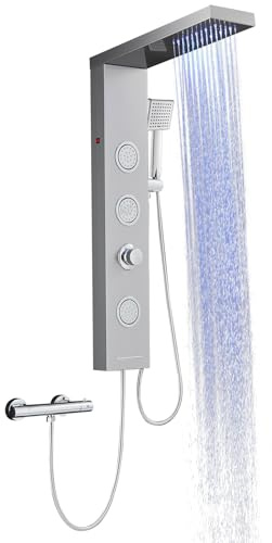 LED Duschpaneel ohne Armatur, OUGOO 4 Funktionen Edelstahl Duschpaneel mit Regendusche, Massagedüsen, Handbrause und Wanneneinlauf, Kompakte Duschsäule, Gebürstet