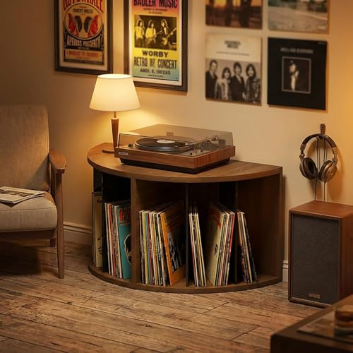 DKPLOE Record Player Stand with Vinyl Record Storage, Large Mid Century Turntable Stand Holds Up to 55 Vinyls Can Accommodate A Record Player On Top Can Store Files Books(Brown)