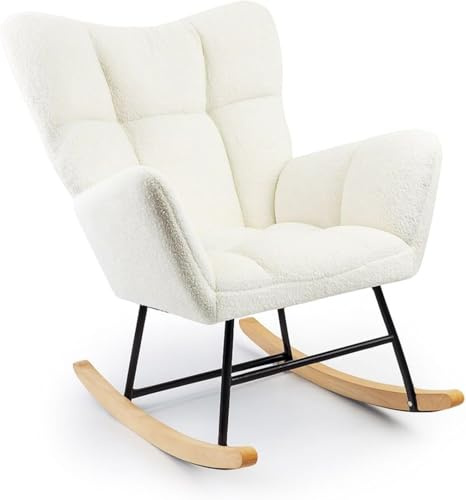 Allyson® Schaukelstuhl & Relaxsessel – Flauschiger Lesesessel und Stillsessel mit Armlehnen aus Holz, bis 150 kg belastbar, Beige fürs Wohnzimmer