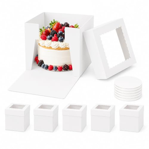 RITOLLO 6 Pack 10 Inch Cake Boxes with Boards, Extra Deep White Boxes with Clear Window for Birthdays, Weddings & Celebrations