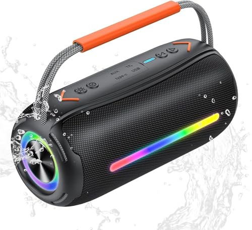 Portable Bluetooth Speaker with Handle, 40W Powerful Stereo Sound with Dual Bass Drivers, RGB Lights, IPX7 Waterproof, 30H Playtime, TWS Pairing/AUX/TF, Wireless Speaker for Party/Outdoor/Travel