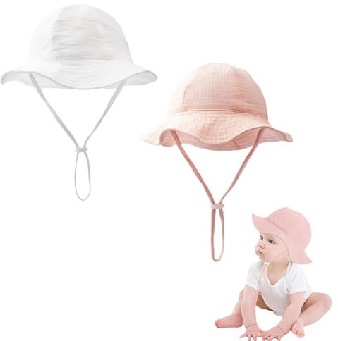 AYZDJ Lot de 2 Chapeaux de Soleil pour bébé Fille – Chapeau Bucket en Coton Doux pour Nouveau-nés et Tout-Petits, Sangle de Menton réglable, Casquette de Plage légère pour 3 à 12 Mois