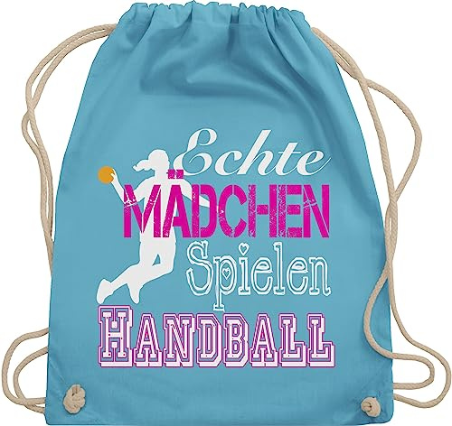 Turnbeutel Rucksack - EM 2026 Trikot Ersatz - Echte Mädchen spielen Handball I - Unisize - Hellblau - geschenke für handballer handballbeutel hanball habdball beutel tasche kinder kinderturnbeutel