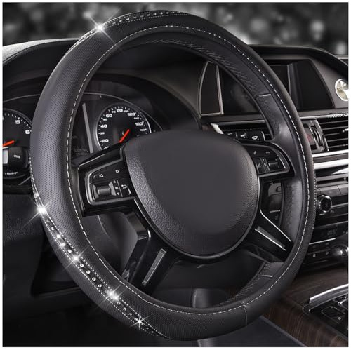 CAR PASS Bling Diamond Black Leather Steering Wheel Cover, Studded Crystal Rhinestones Universal Fit 14 1/2-15 Glitter for Women Sparkle Girl Fit Suvs,Vans,Sedans,Car,Trucks, Silver Diamond