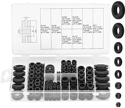 Kit de Pasacables de Goma - 180 Piezas, 8 Tamaños, Arandelas Eléctricas Pasamuros para Alambre, Enchufe, Cables de Autos y Motocicletas - Negro