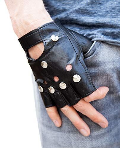 Oblique Unique® Handschuhe mit Nieten Fingerlos Halbfinger Kunstleder in Schwarz Punk Metal Biker Motorrad Radfahren in Größe M - L