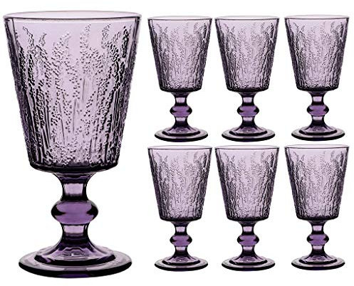 Dibor Set of 6 Wine Goblets Blue 295ml Purple Lavender Embossed Wine Goblet Glasses (BP77)