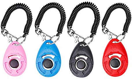 Profi Clicker Hunde mit Spiralband Clickertraining, Bunt Hundeklicker Knopf für Hunde Katzen Pferde, Effektive Haustier Trainings Werkzeuge für das Verhalten des Welpen, 4 Stück