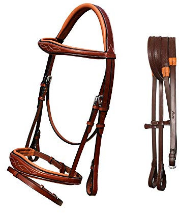 Exion Horse Englisch Springen Flash Trense mit ergonomischem Kronenstück, weich gepolstertes, anatomisches Trensenband & Gummizügel | Royal English Trense (Eichenbraun, Pony)