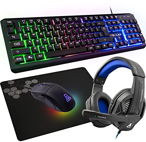 THE G-LAB Combo Selenium – Juego de Juegos 4 en 1 – Teclado Gamer AZERTY retroiluminado, ratón Gamer 3200 dpi, Micro Auriculares Gaming, Alfombrilla de ratón – Pack Gamer PC PS4/PS5 Xbox One/Series X