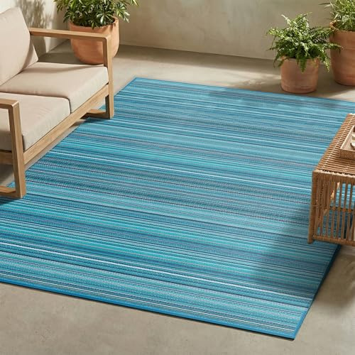 FH Home Outdoor Camping-Teppich - wasserfest, farbecht, wendbar - recycelter Premium-Kunststoff - Gestreift - Terrasse, Veranda, Wohnmobil, Campingküche – Havanna - Türkis - 270 x 360 faltbar