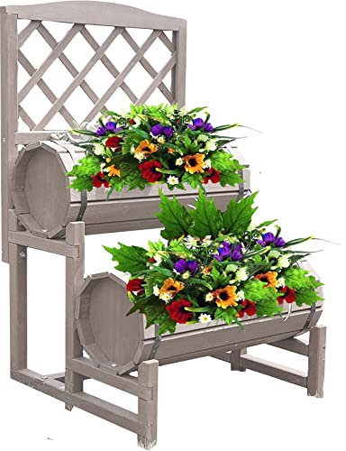 Groundlevel Wooden Double Barrel Garden Planter, Flower Plant Pot, Decorative, Deep Fill with Trellis Back - Putty Grey
