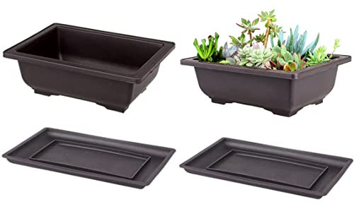 2 Pezzi Vaso Per Piante Plastica Con Vassoio, Rettangolari Fiori Vasi per Bonsai per Giardino, per Fiori, Giardino, Contenitori, per Interni, Decorazione Della Casa (2)