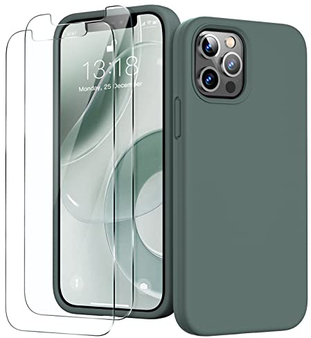 GOODVISH für iPhone 12 Pro Max Hülle mit 2 Stück Schutzfolie, Grün | Liquid Silikon Rundumschutz Handyhülle, mit Weichem Mikrofaser Innenfutter Stoßfestes Schutzhülle für 12 Pro Max 6.7