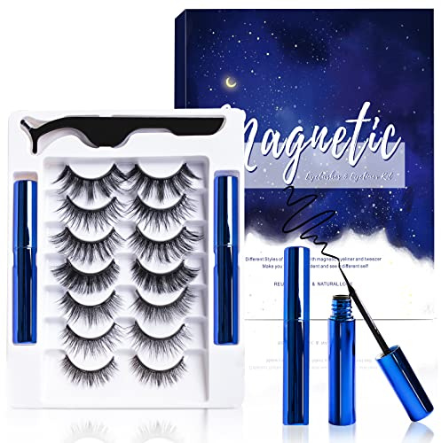 Magnetic Eyelashes and Eyeliner Kit, Premium Magnetic Lashes 3D Natural Look with Eyeliner and Tweezers, Lightweight & Sweatproof False Eyelashes No Glue Needed, Easy to Wear and Reusable (7 Pairs)