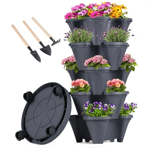 Jardinière Verticale empilable à 5 Niveaux pour Fraises, Herbes, Fleurs et légumes, Pots de Jardinage d'intérieur et d'extérieur avec Roues Amovibles et Outils