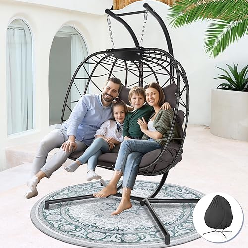 NICESOUL 2 Person Patio Hanging Egg Chair with Stand, Large and Wide Double Swing Chair with Cushion Indoor Outdoor, Sturdy Comfortable Egg Hammock Seating for Porch Garden, Grey with Cover