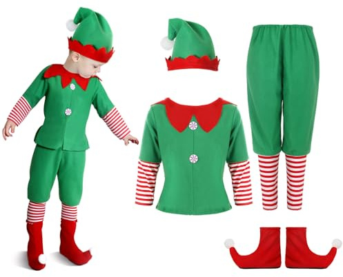 Geyoga Kids Christmas Elf Costume Outfits Include Hat Shoes and Other Accessories for Toddler Xmas Cosplay(Green,Small)