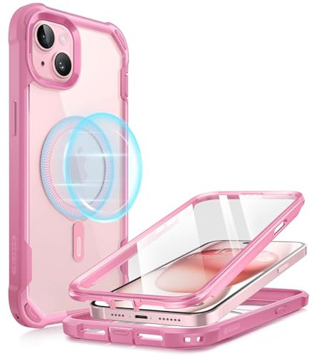 i-Blason AresMag Coque intégrale Antichoc Transparente Antichoc avec Protecteur d'écran intégré pour iPhone 15/14/13 (6,1), Rose