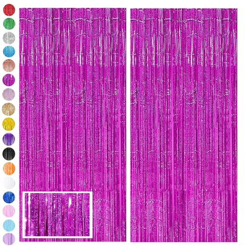 Hot Pink Glitter Foil Fringe Tinsel Backdrop,2P 3.2ft x 6.5ft Rose Red Foil Curtain Decorat,Laser Foil Fringe Metallic Tinsel Door Hanging Foil Flow Silk Streamers for Birthday Wedding Holiday Party