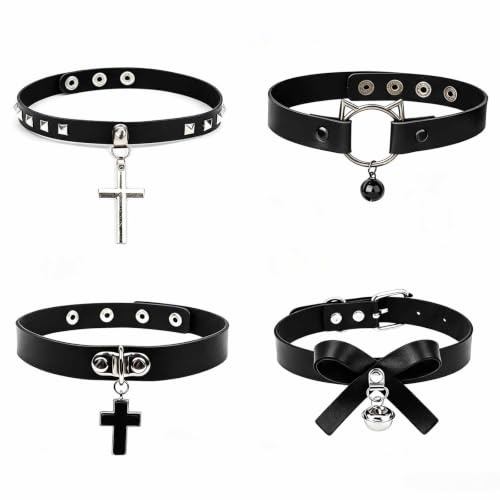 Floatdream Conjunto collar punk rock, Negra, Cuero, 4 piezas