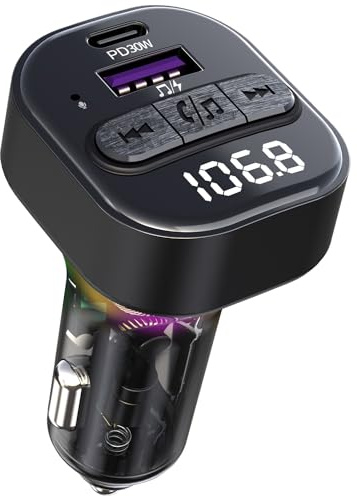 Bluetooth 5.3 FM Transmitter for Car, Bluetooth Car Adapter with Type-C PD(30W) Charger and QC3.0 USB Port, Wireless FM Radio Transmitter, Support MP3 Player, Handsfree Calling, LED Backlit,U Disk