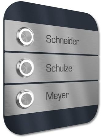 Graviers Design Mehrfamilien Türklingel mit LED Taster 3 Namen Gravur - V2A Edelstahl Klingel 140x150 mm Pulverbeschichtet RAL 7016 - Unterputz wählbar Aufputz für Haustür Mehrfamilienhaus