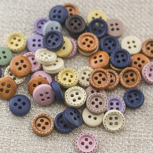 SUQ 100PCS Boutons Colorés, 100pcs Bouton Forme de Circulaire, Rond en bois, 10mm 4-Trou Boutons à Coudre Assortis pour Toutes Les Activités de Loisirs Créatifs, Tricot, Comptage, Triage des Tailles