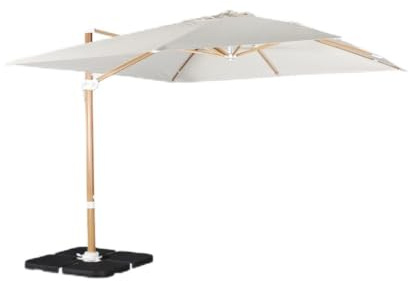 sweeek - Parasol déporté carré ecru 3x3m structure effet bois + Lot de 4 dalles à lester 50x50cm