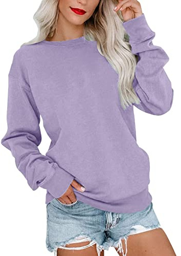 Sweat-Shirt pour Femme - sans Capuche - Basique - Manches Longues - Mélange de Coton - Pull à col Rond - Variantes de Couleurs - Sportif - Fitness - Dégradé de Couleurs - Couleur Unie - Y2K, Lilas, L